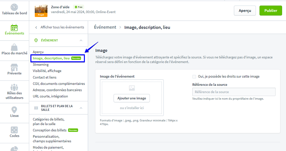 Comment saisir une image pour mon événement