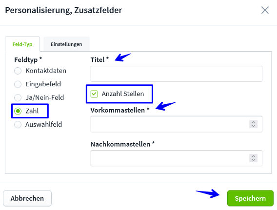 Create Ticket Personalisierung Zahlenfeld