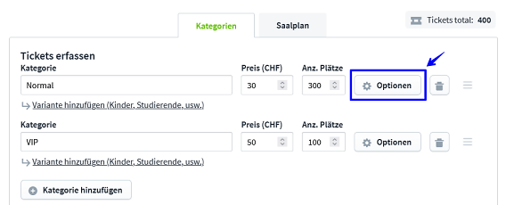 Einstellungen Ticketkategorien I