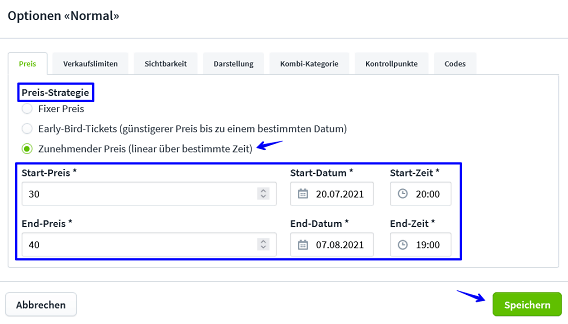 Einstellungen Ticketkategorien III Preisstrategie