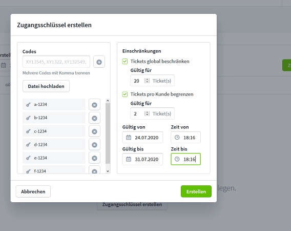 Screenshot Zugangsschlüssel IV Begrenzungen