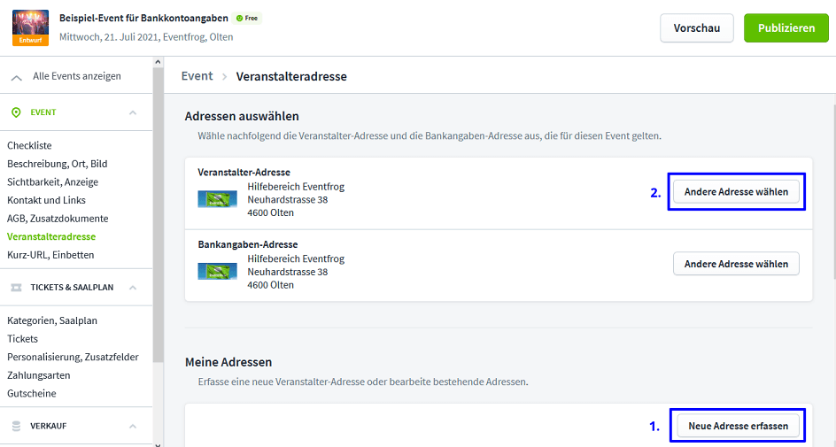 Veranstalter Adresse ändern